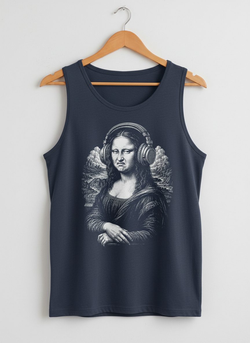 Disgusted Mona Lisa Headphones Funny Art Parody Tank Top - product mockup - Navy