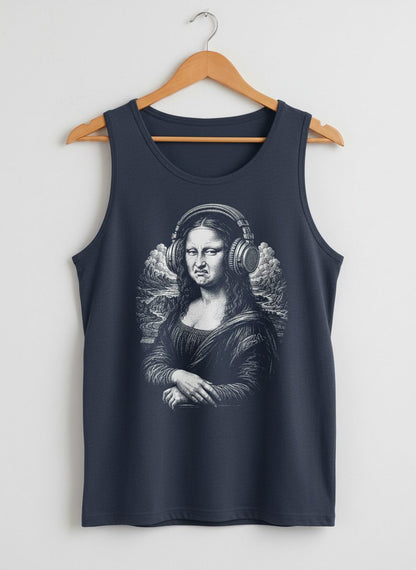 Disgusted Mona Lisa Headphones Funny Art Parody Tank Top - product mockup - Navy