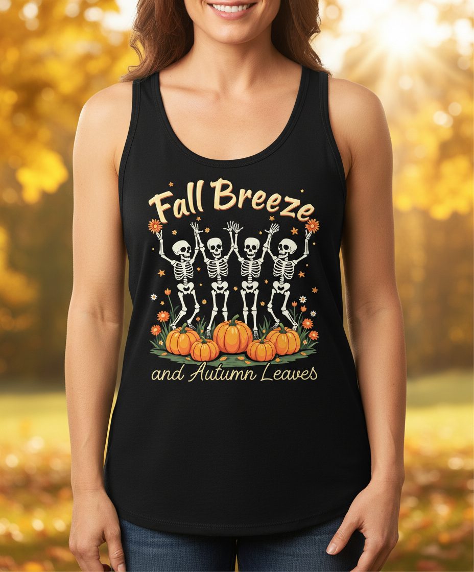Fall Breeze and Autumn Leaves dancing skeletons Tank Top Black lifestyle mockup