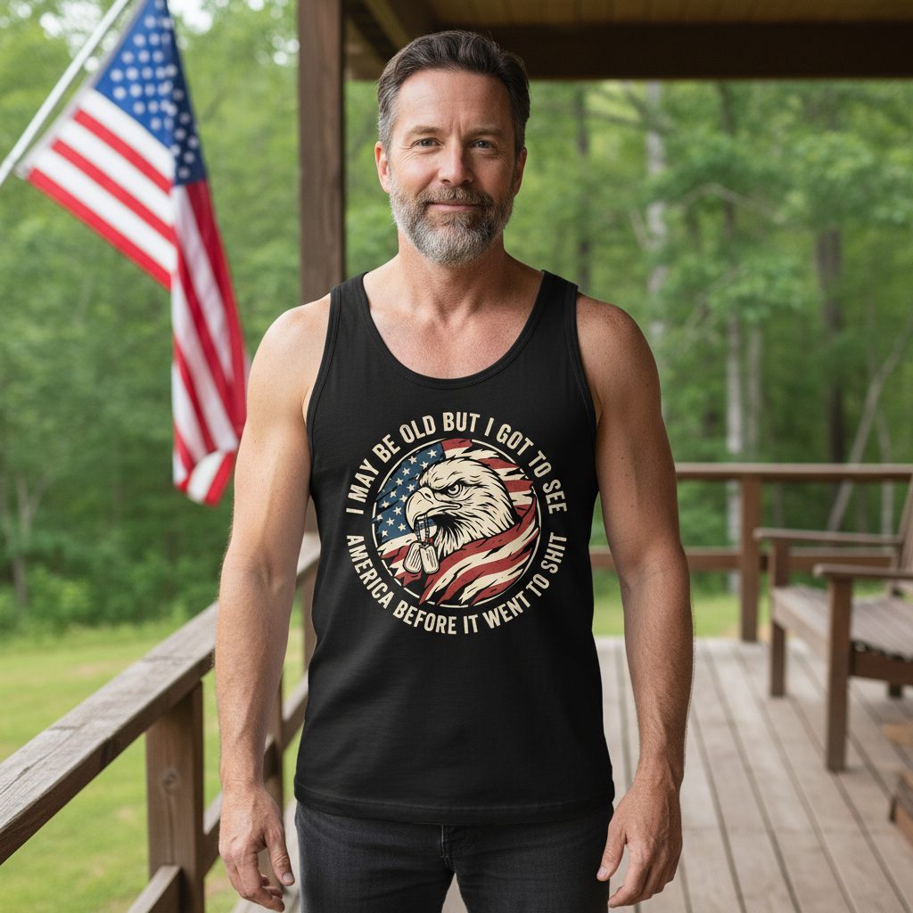 I MAY BE OLD BUT I GOT TO SEE America BEFORE IT WENT TO SHIT Tank Top - lifestyle model mockup - Black