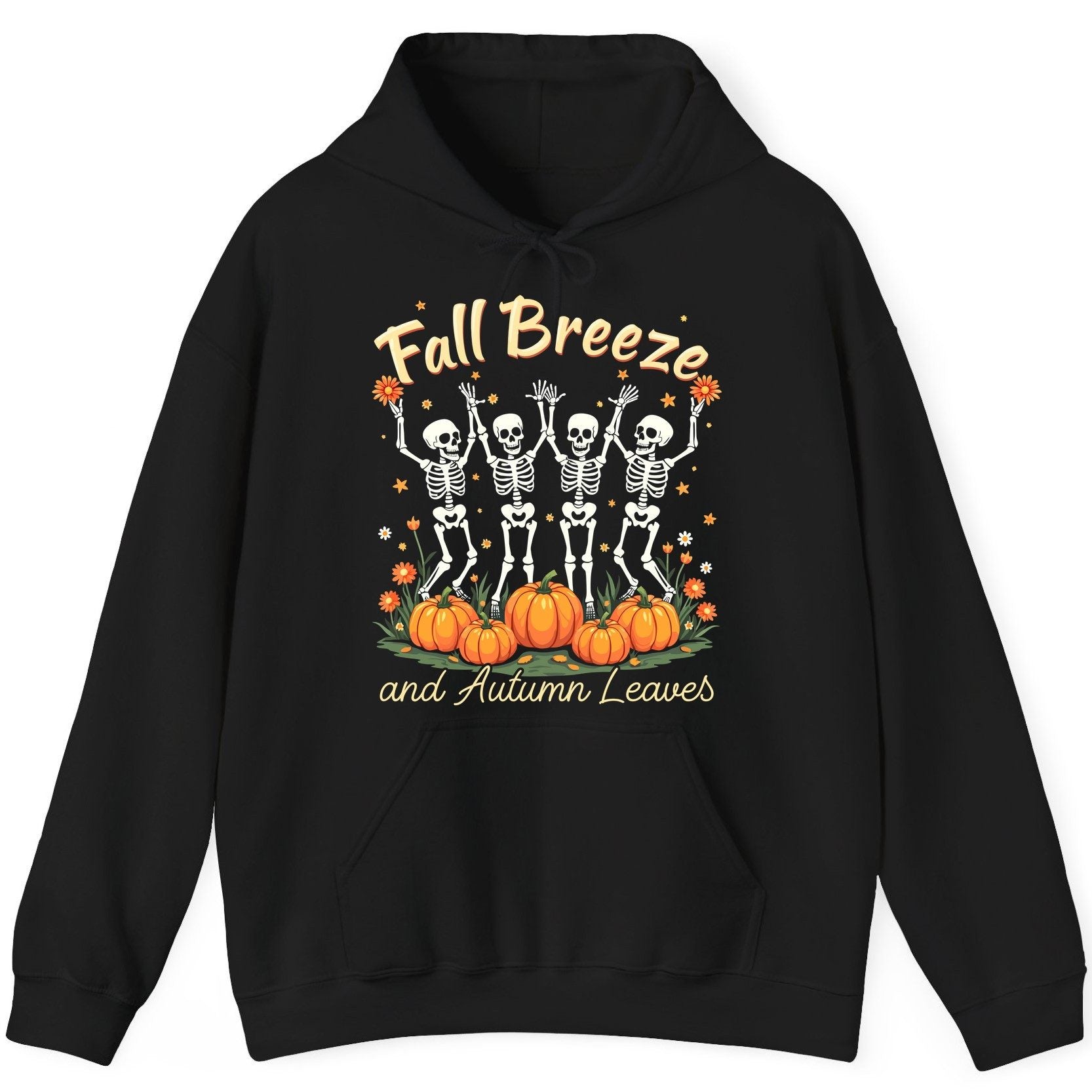 Fall Breeze and Autumn Leaves dancing skeletons Hoodie Black product mockup