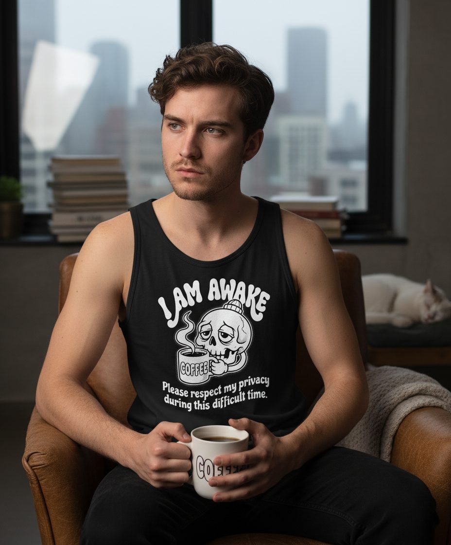 I Am Awake Please Respect My Privacy During This Difficult Time skull drinking coffee Tank Top Black lifestyle mockup