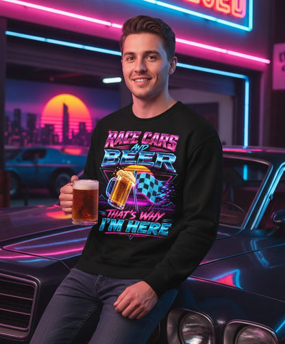 Race Cars and Beer That's Why I'm Here Retro Racing Sweatshirt - lifestyle model mockup - Black