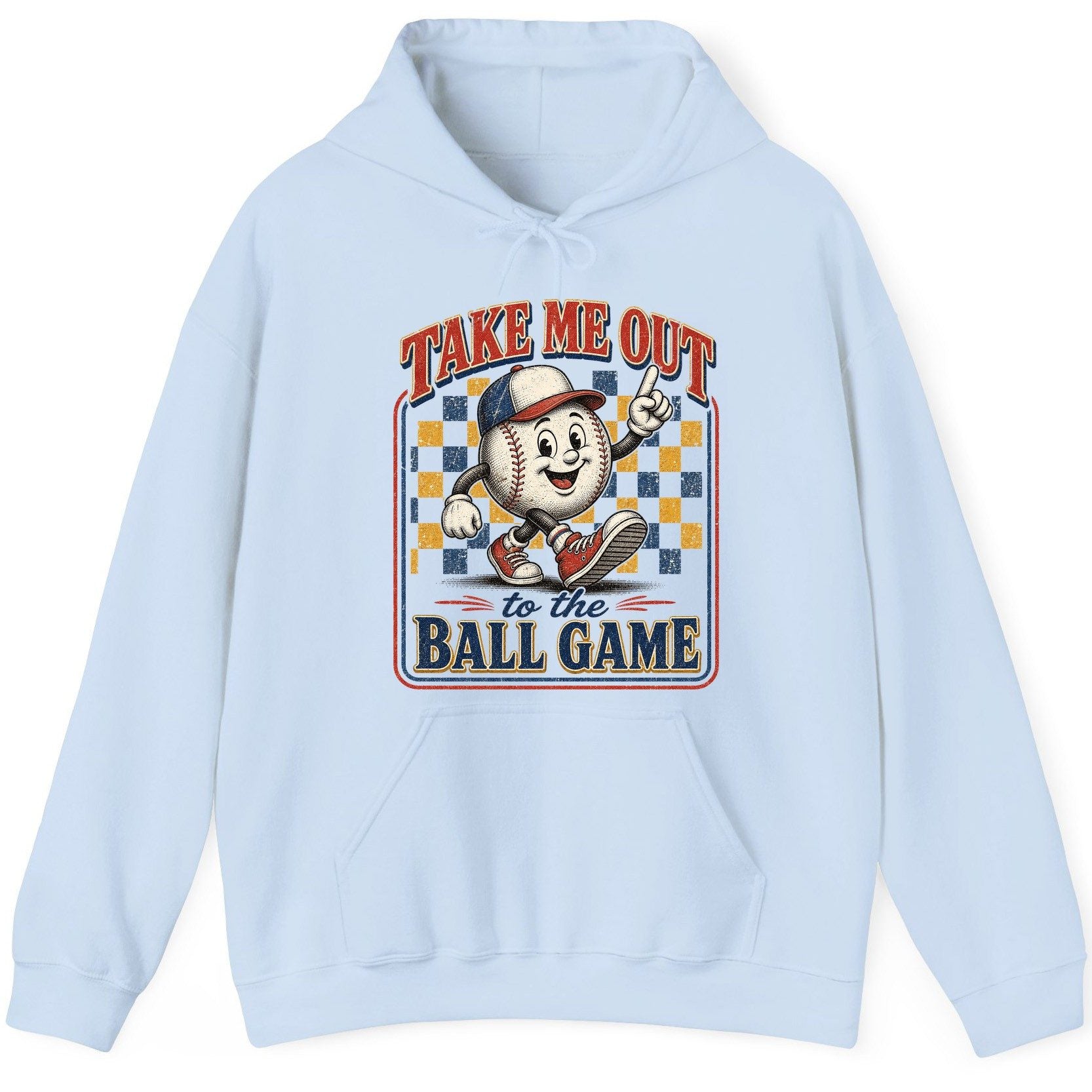Take Me Out to the Ball Game Retro Baseball Hoodie - product mockup - Light Blue