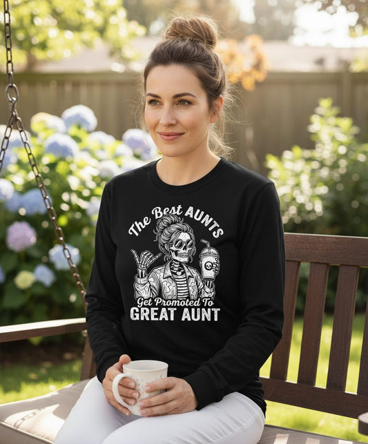 The Best Aunts Get Promoted to GREAT AUNT Long Sleeve Tee - lifestyle model mockup - Black