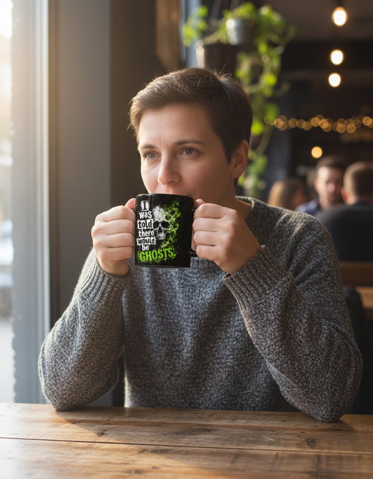 Funny I Was Told There Would Be Ghosts Skull Black Mug - lifestyle model mockup - Black