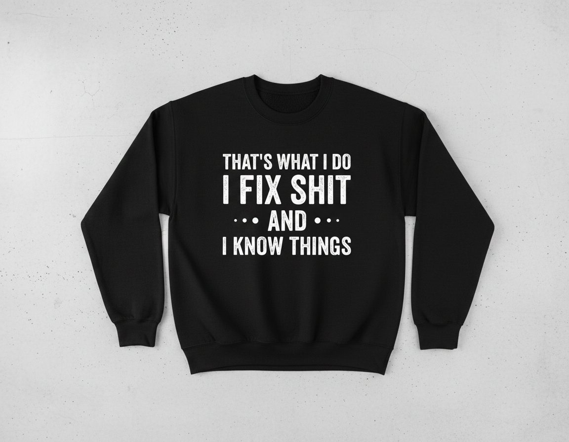 THAT'S WHAT I DO I FIX SHIT AND I KNOW THINGS Sweatshirt - product mockup - Black
