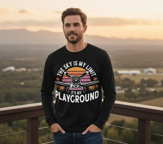 The Sky Is My Limit It's My Playground aviation Long Sleeve Tee Black lifestyle mockup