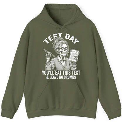 You'll Eat This Test & Leave No Crumbs Funny Day Hoodie - product mockup - Military Green