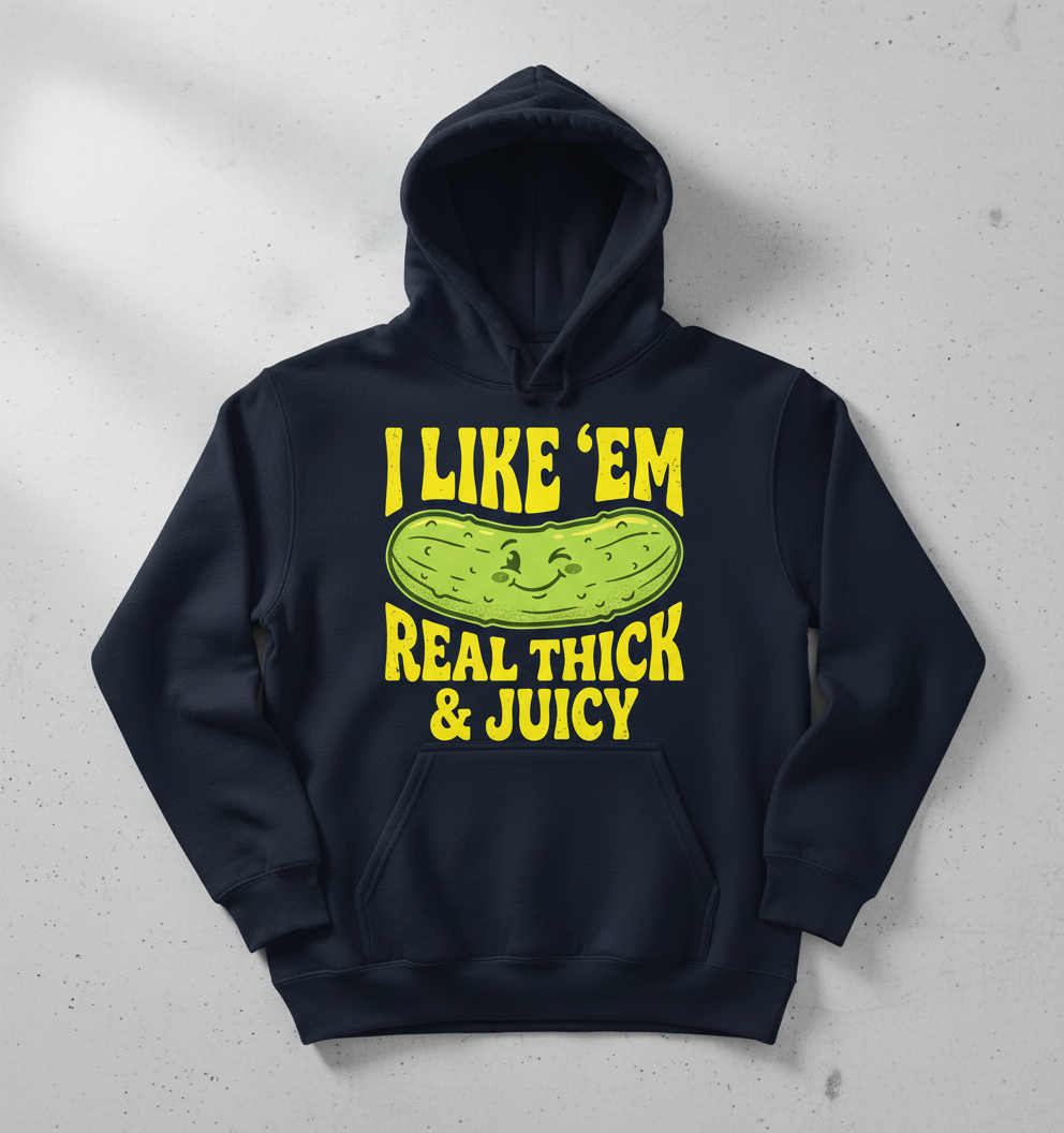 I Like 'Em Real Thick & Juicy Pickle Funny Food Pun Hoodie - Navy