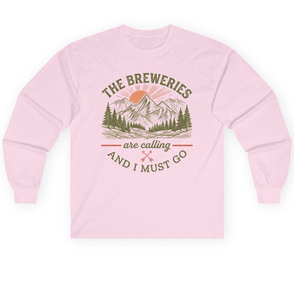 THE Breweries Are Calling AND I MUST GO Long Sleeve Tee - product mockup - Light Pink