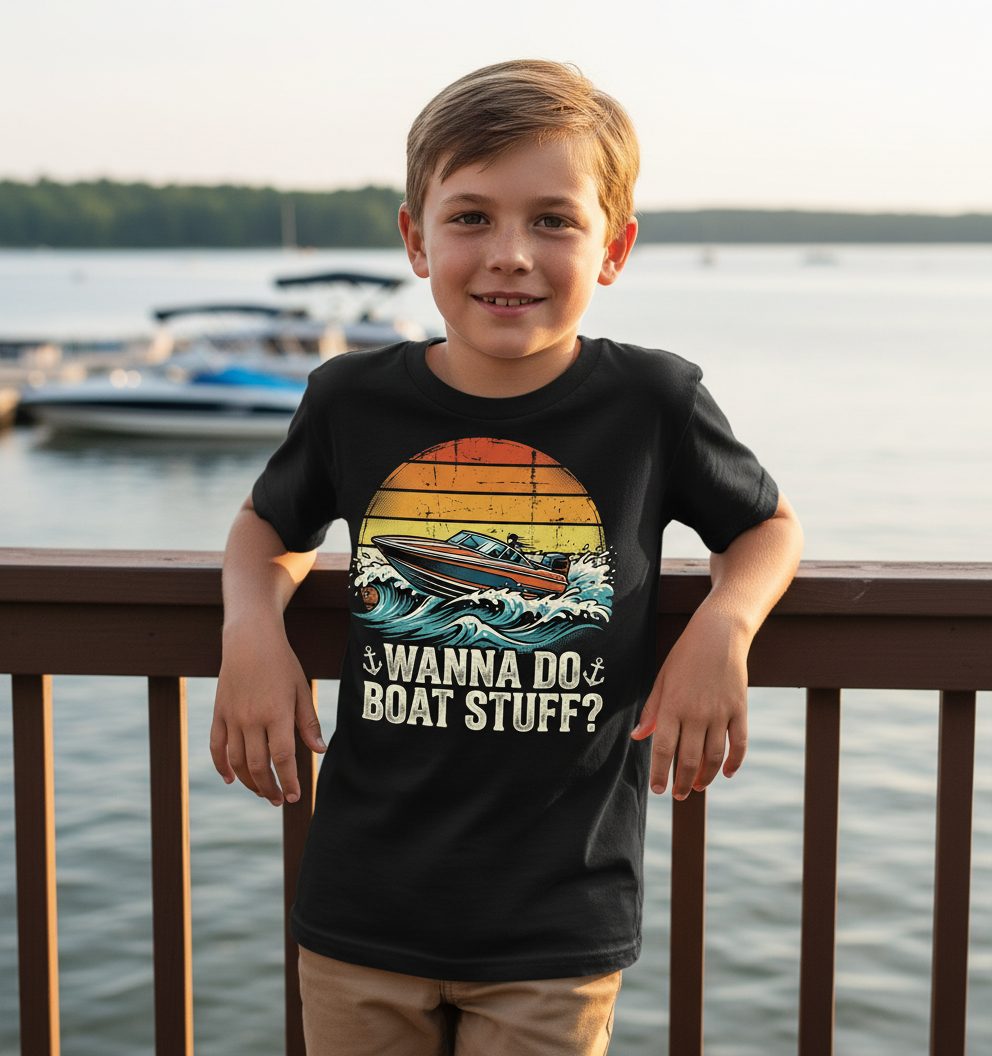 WANNA DO BOAT STUFF Funny Boating Youth T-Shirt - lifestyle model mockup - Black
