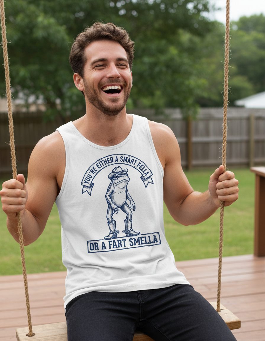 You're Either a Smart Fella or a Fart Smella cowboy frog Tank Top White lifestyle mockup