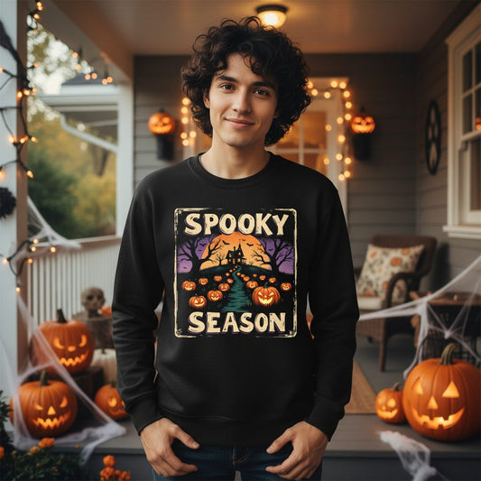 Spooky Season Halloween Sweatshirt Black lifestyle mockup
