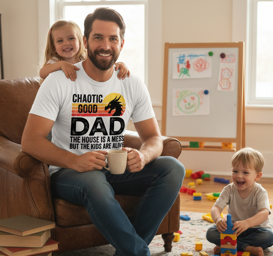 CHAOTIC GOOD DAD THE HOUSE IS A MESS BUT THE KIDS ARE ALIVE Funny Chaotic Good Dad Dragon T-Shirt - lifestyle model mockup - White