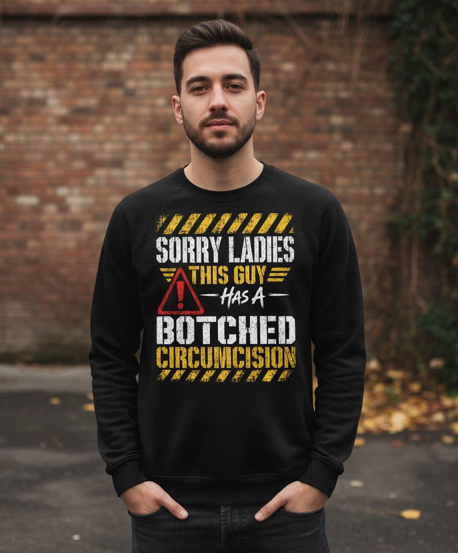 Sorry Ladies This Guy Has a Botched Circumcision Sweatshirt - lifestyle model mockup - Black