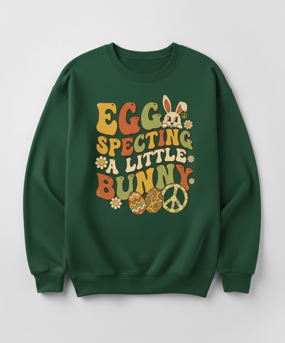 Egg Specting A Little Bunny Groovy Retro Easter Pregnancy Announcement Sweatshirt - Forest Green