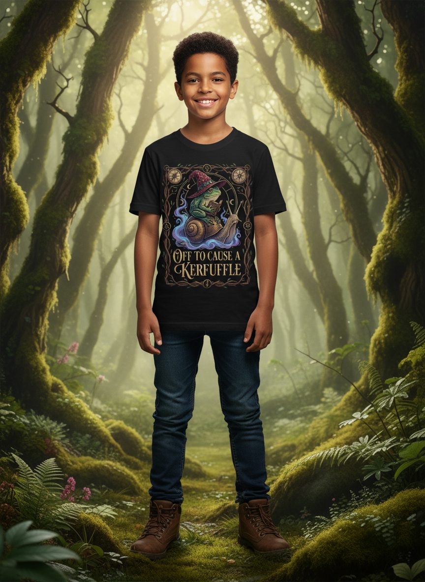 Off to Cause a Kerfuffle frog wizard Youth T-Shirt Black lifestyle mockup