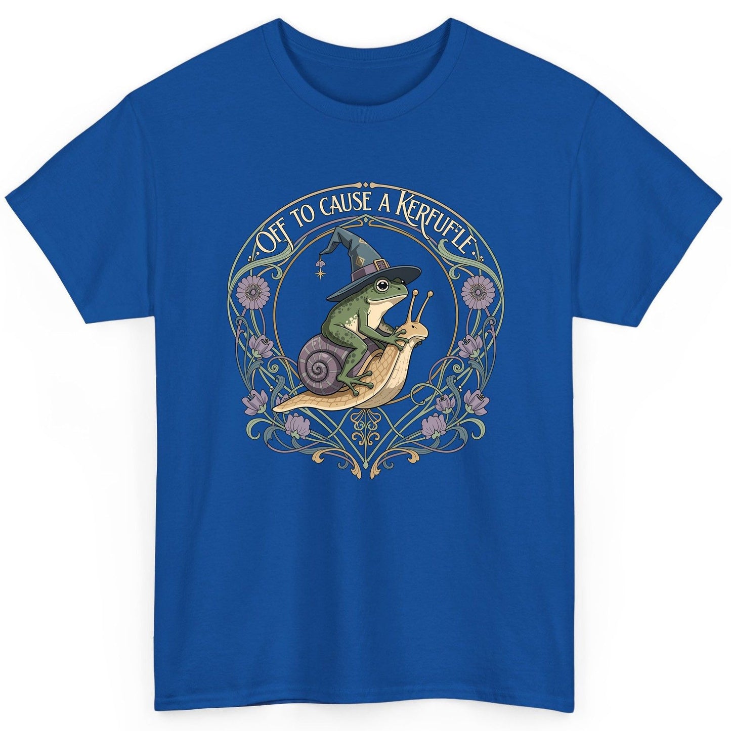 Off to Cause a Kerfuffle frog riding a snail T-Shirt Royal product mockup