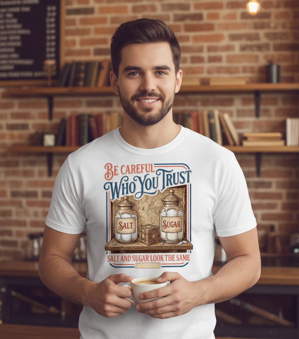 Be Careful Who You Trust Salt and Sugar Look the Same T-Shirt - lifestyle model mockup - White