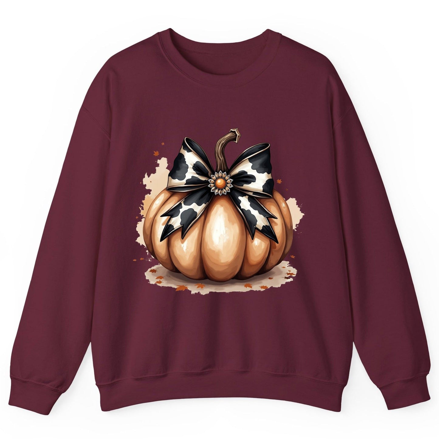 Cow Print Bow Pumpkin pumpkin Sweatshirt Maroon product mockup