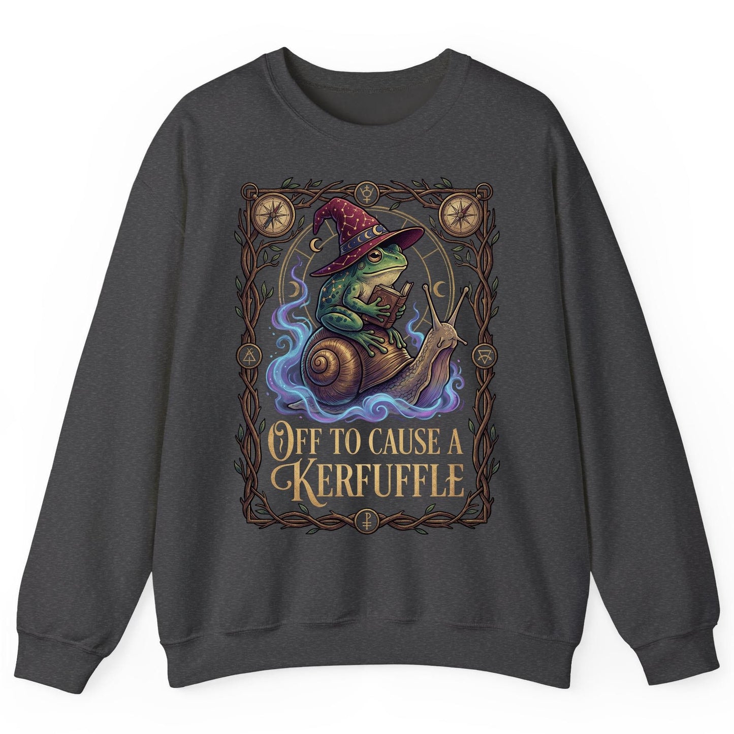 Off to Cause a Kerfuffle frog wizard Sweatshirt Dark Heather product mockup
