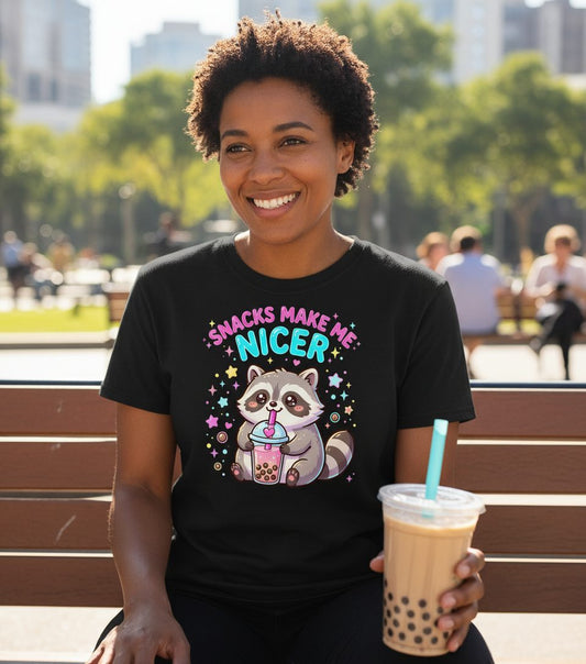 SNACKS MAKE ME NICER Funny Raccoon T-Shirt - lifestyle model mockup - Black