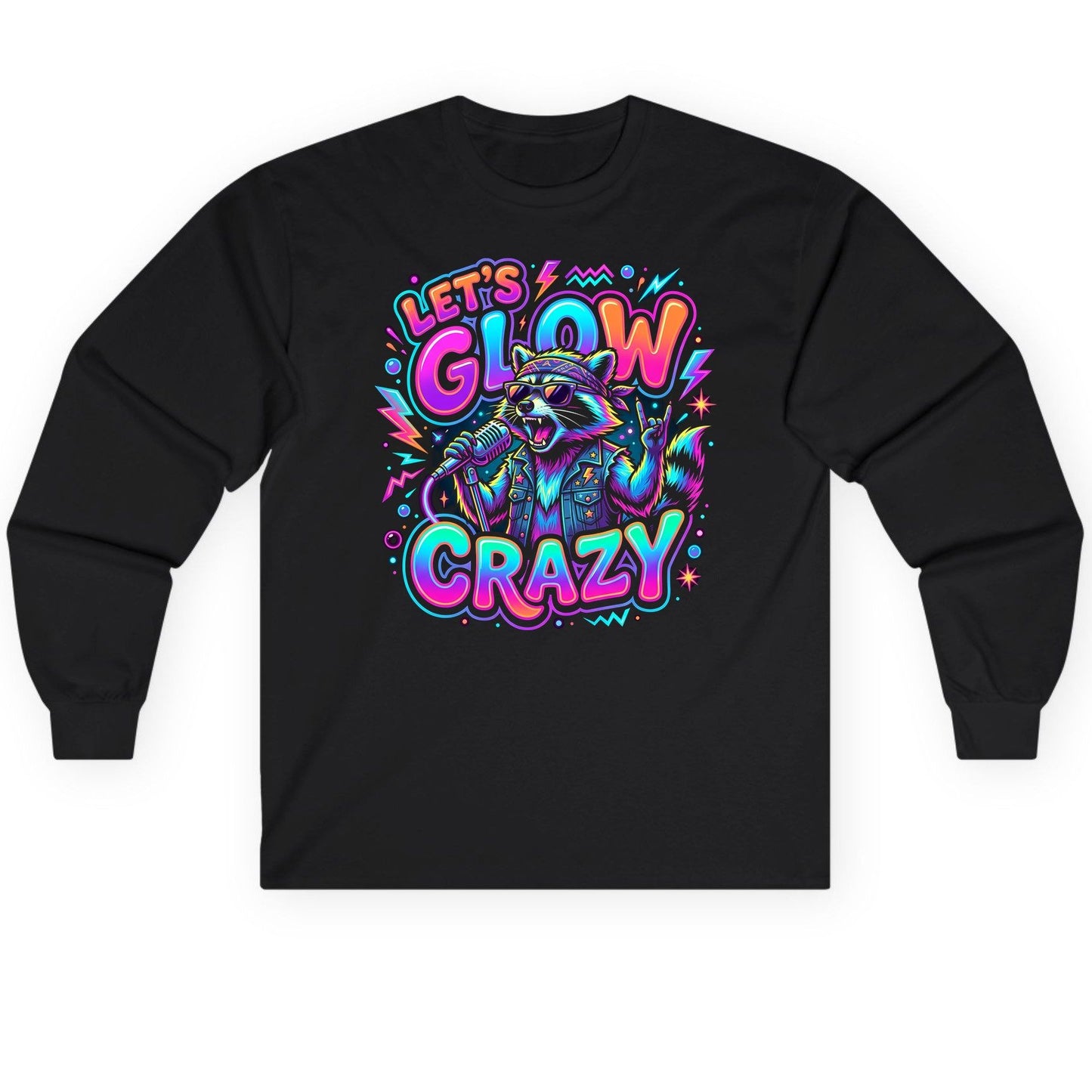 Let's Glow Crazy Funny Rockstar Raccoon Long Sleeve Tee - product mockup - Black