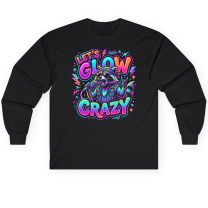 Let's Glow Crazy Funny Rockstar Raccoon Long Sleeve Tee - product mockup - Black