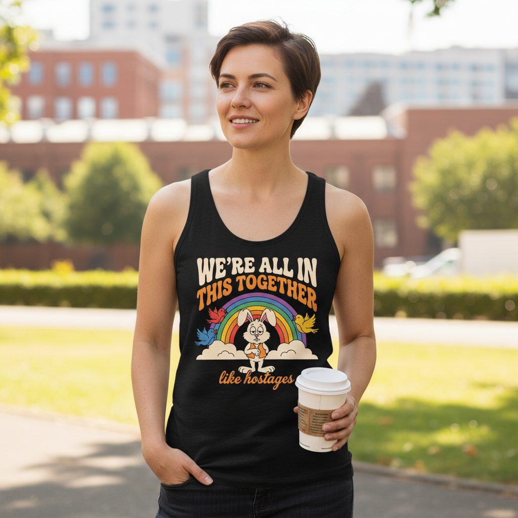 We're All in This Together Like Hostages sarcastic rabbit Tank Top Black lifestyle mockup