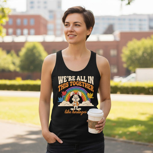We're All in This Together Like Hostages sarcastic rabbit Tank Top Black lifestyle mockup