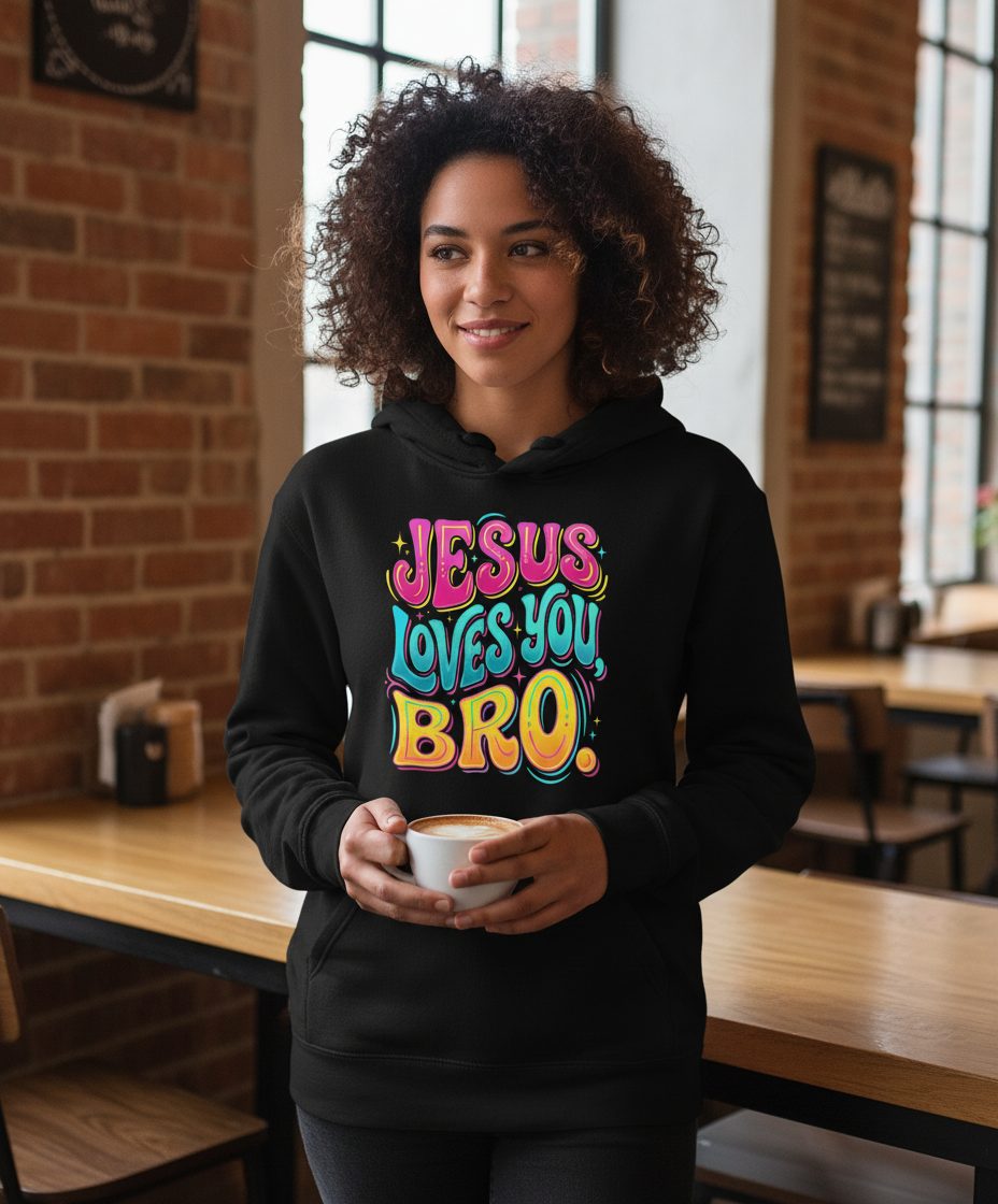 JESUS LOVES YOU BRO Retro Christian Hoodie - lifestyle model mockup - Black