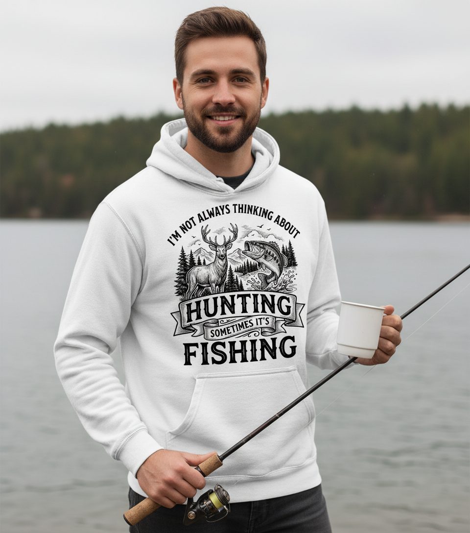 I'm Not Always Thinking About Hunting Sometimes It's Fishing hunting and fishing Hoodie White lifestyle mockup