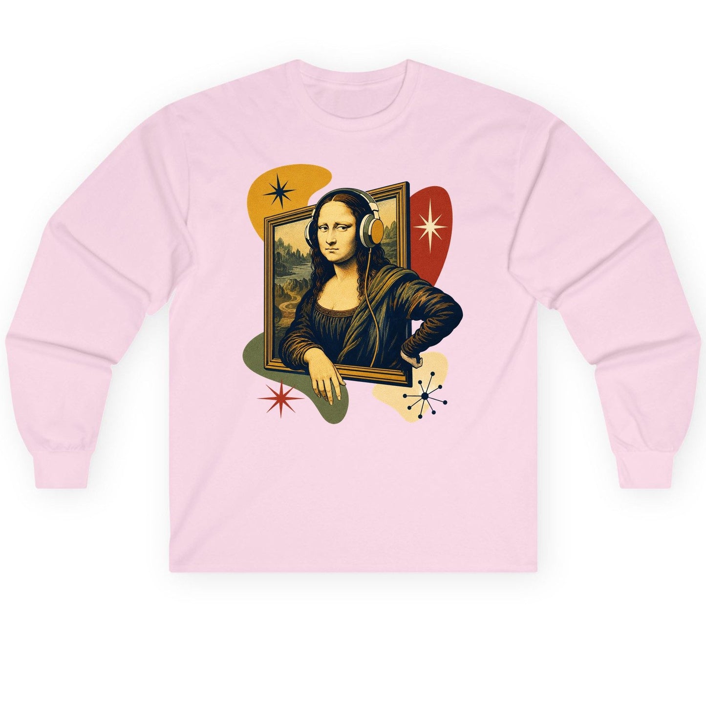 Retro Mona Lisa with Headphones Funny Art Lovers Long Sleeve Tee - product mockup - Light Pink