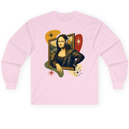 Retro Mona Lisa with Headphones Funny Art Lovers Long Sleeve Tee - product mockup - Light Pink