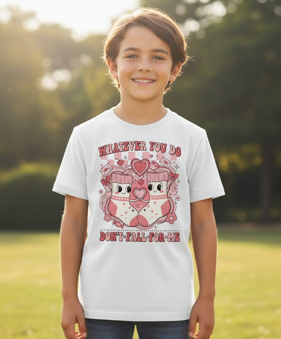 Whatever You Do Don't Fall for Me anti-Valentine's Day Youth T-Shirt White lifestyle mockup