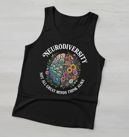 Neurodiversity Floral Brain 'Not All Great Minds Think Alike' Tank Top - Black
