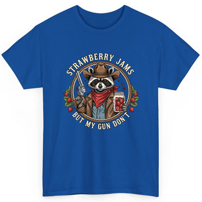 Strawberry Jams but My Gun Don't cowboy raccoon T-Shirt Royal product mockup