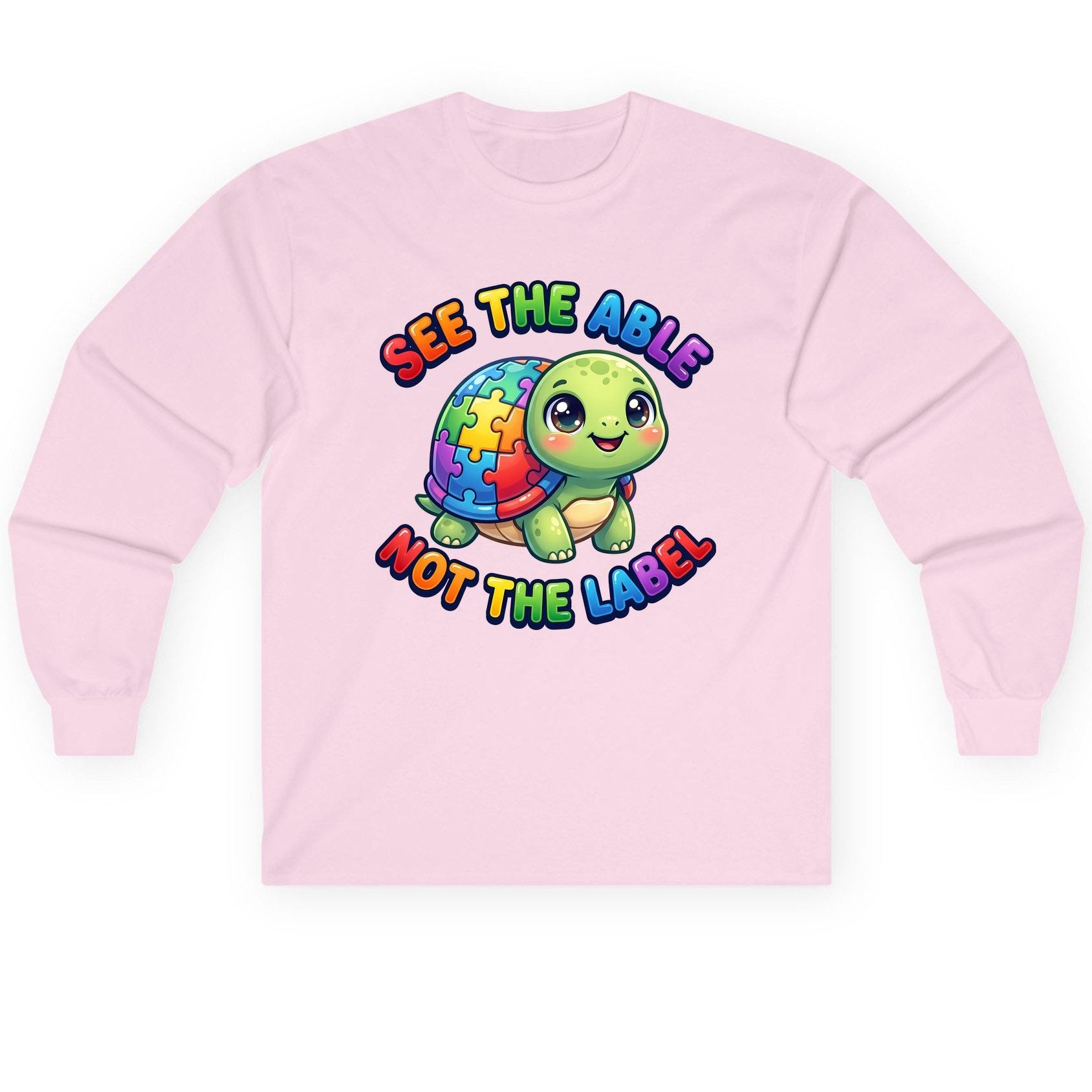 SEE THE ABLE NOT THE LABEL Autism Awareness Long Sleeve Tee - product mockup - Light Pink