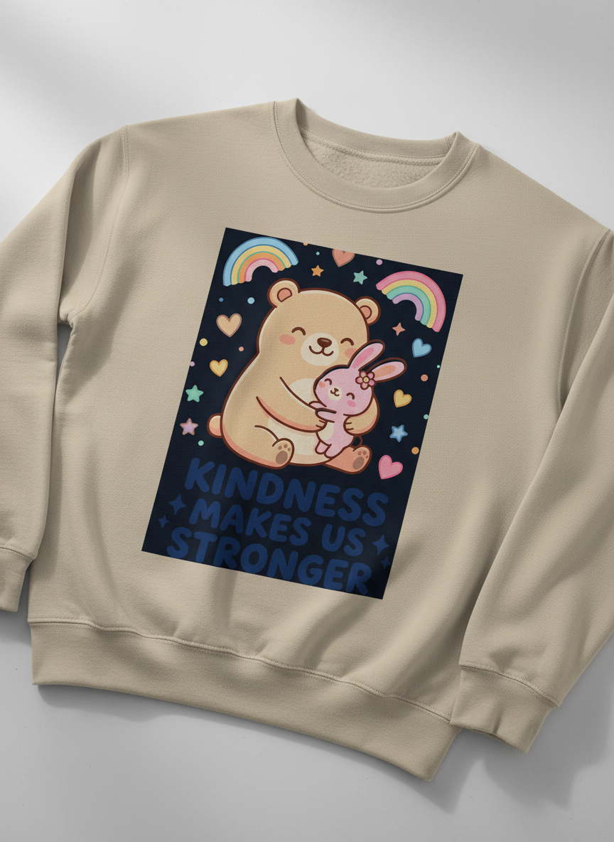 Cute Bear and Bunny Hug Kindness Makes Us Stronger Design Sweatshirt - Sand