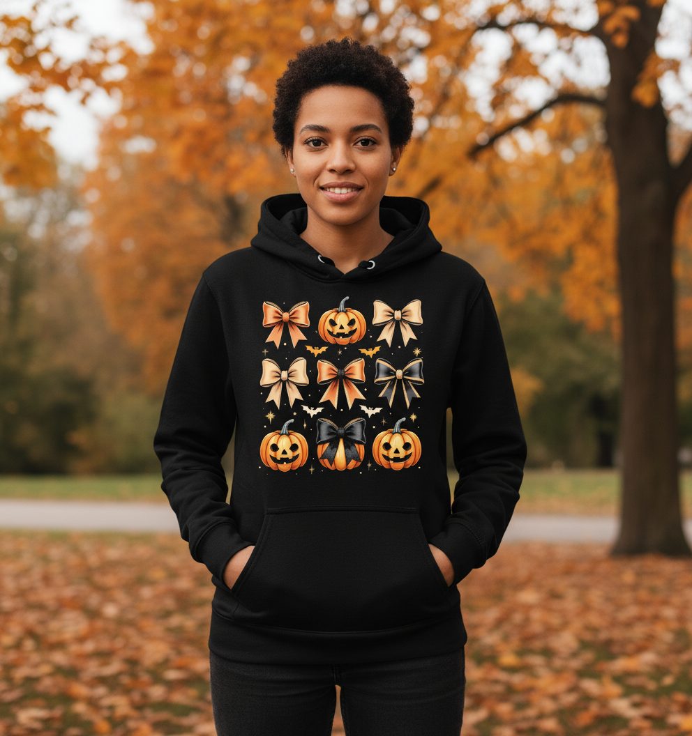 Cute Halloween Pumpkins and Bows Halloween Hoodie Black lifestyle mockup