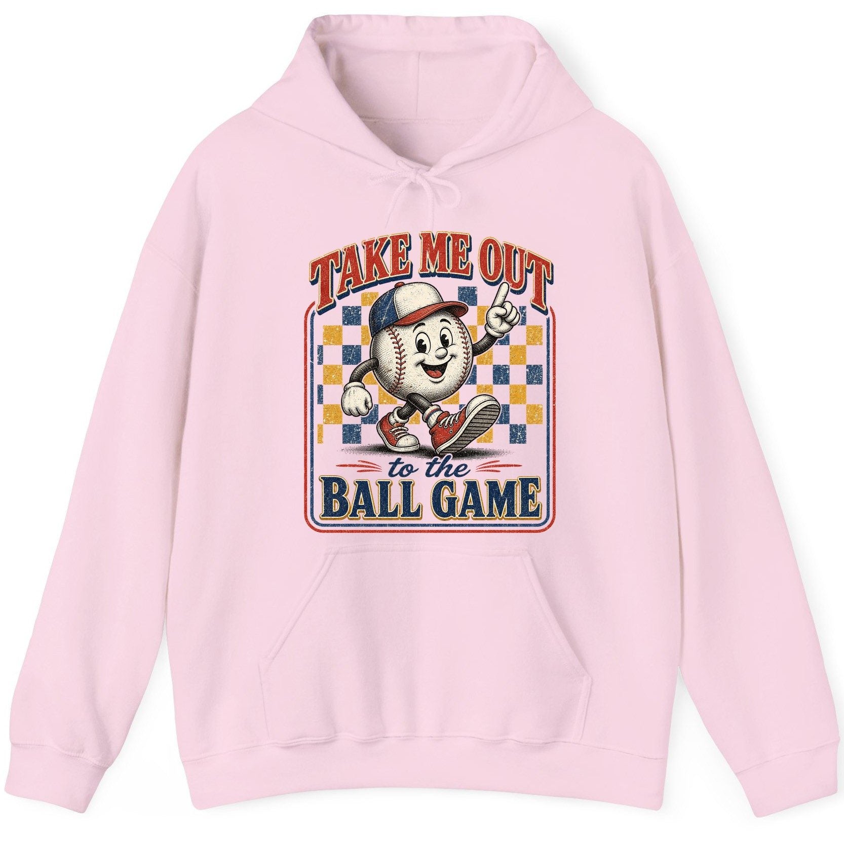 Take Me Out to the Ball Game Retro Baseball Hoodie - product mockup - Light Pink