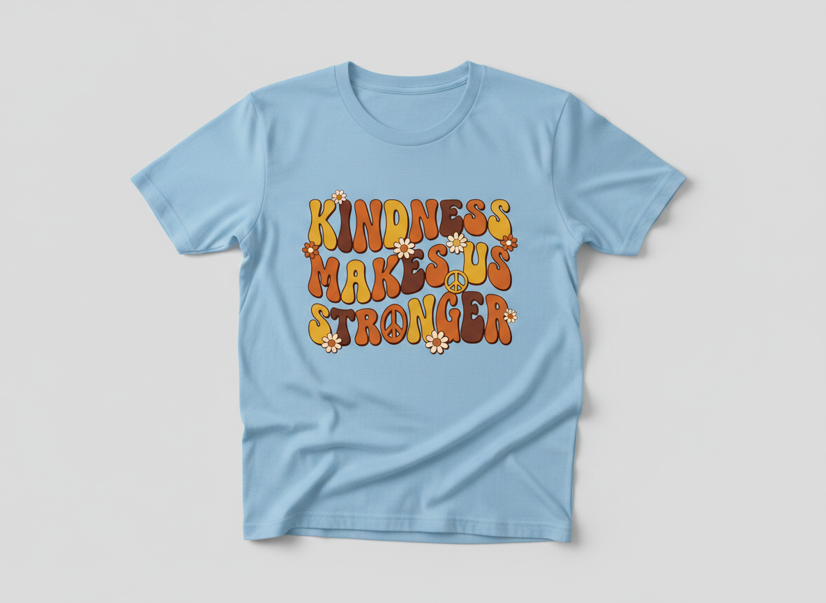 Kindness Makes Us Stronger Groovy 70s Retro Design T-Shirt - Light Blue