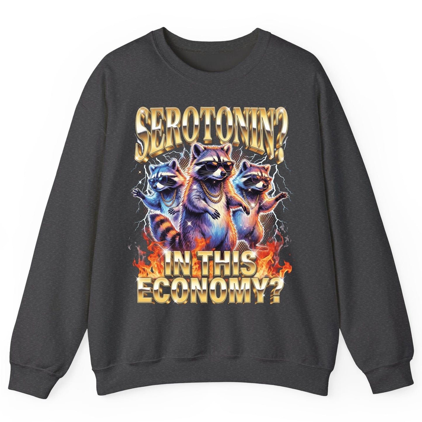 Serotonin in This Economy? raccoon Sweatshirt Dark Heather product mockup