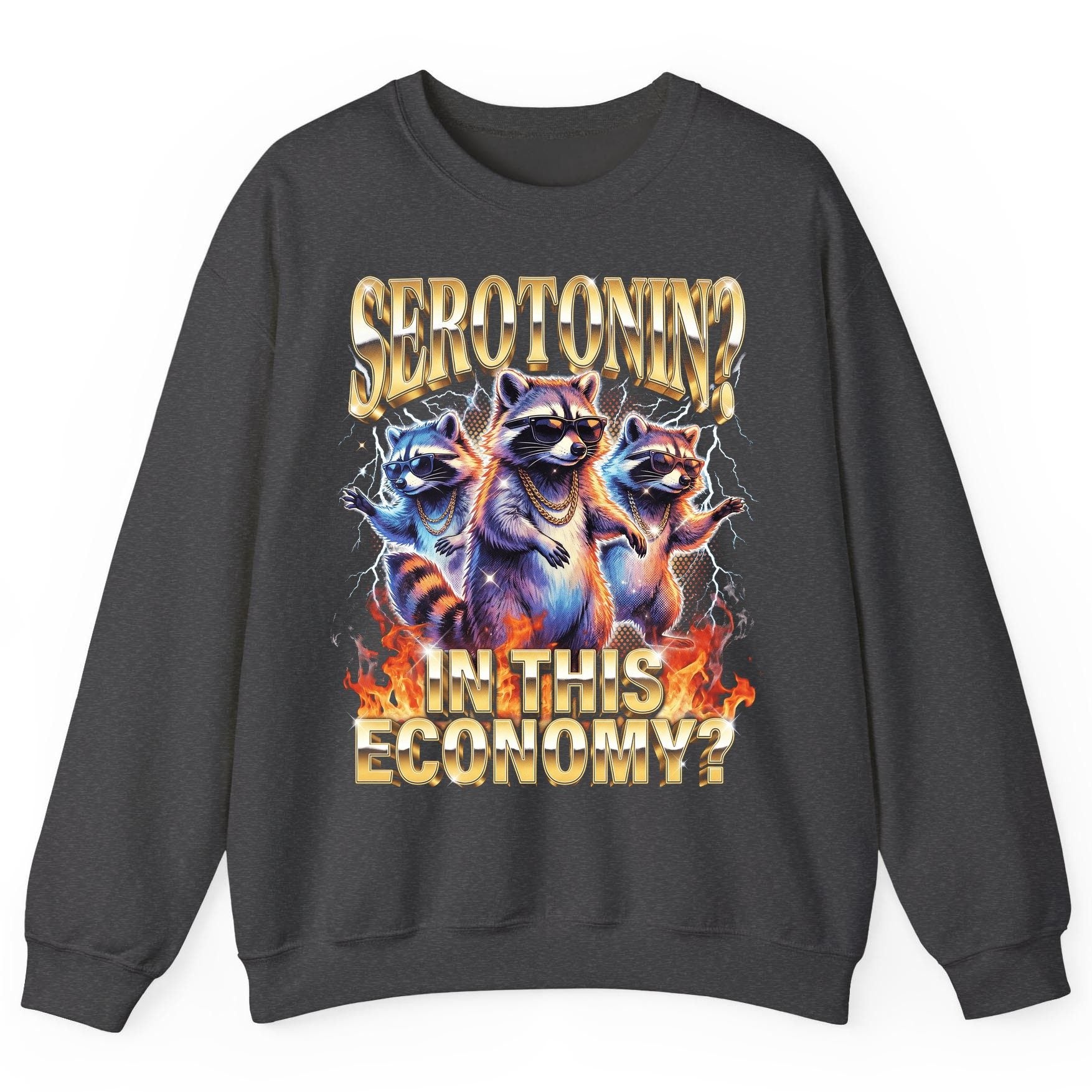 Serotonin in This Economy? raccoon Sweatshirt Dark Heather product mockup