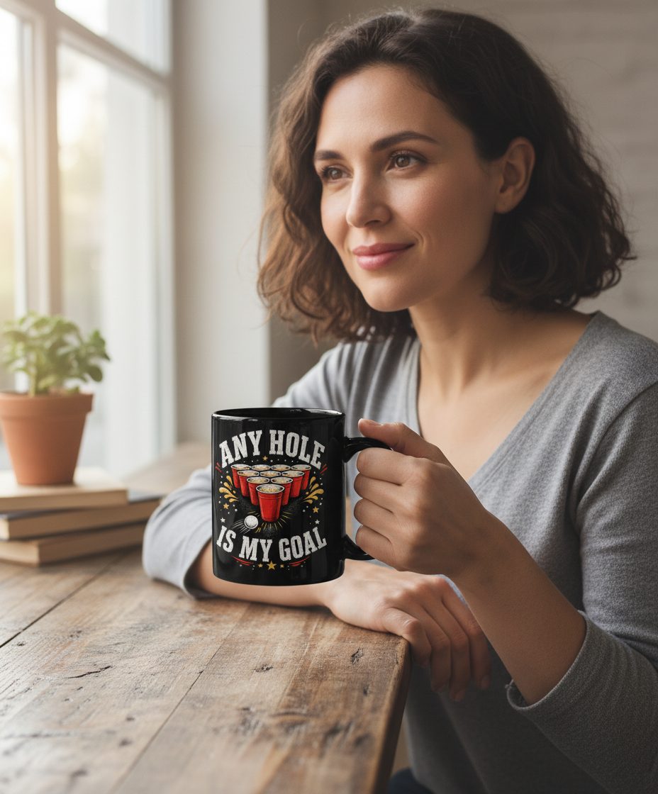 Any Hole Is My Goal Funny Beer Pong Black Mug - lifestyle model mockup - Black