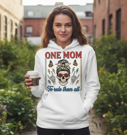 ONE MOM to Rule Them All Funny Skull Hoodie - lifestyle model mockup - White