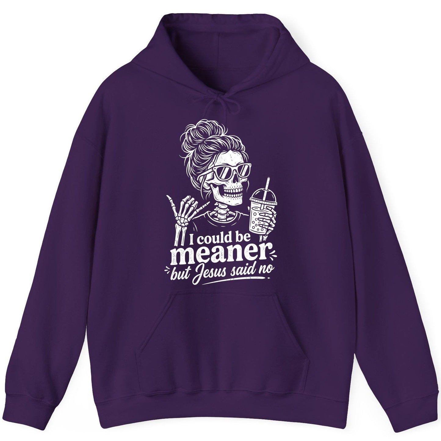 I Could Be Meaner but Jesus Said No Funny Christian Skeleton Hoodie - product mockup - Purple