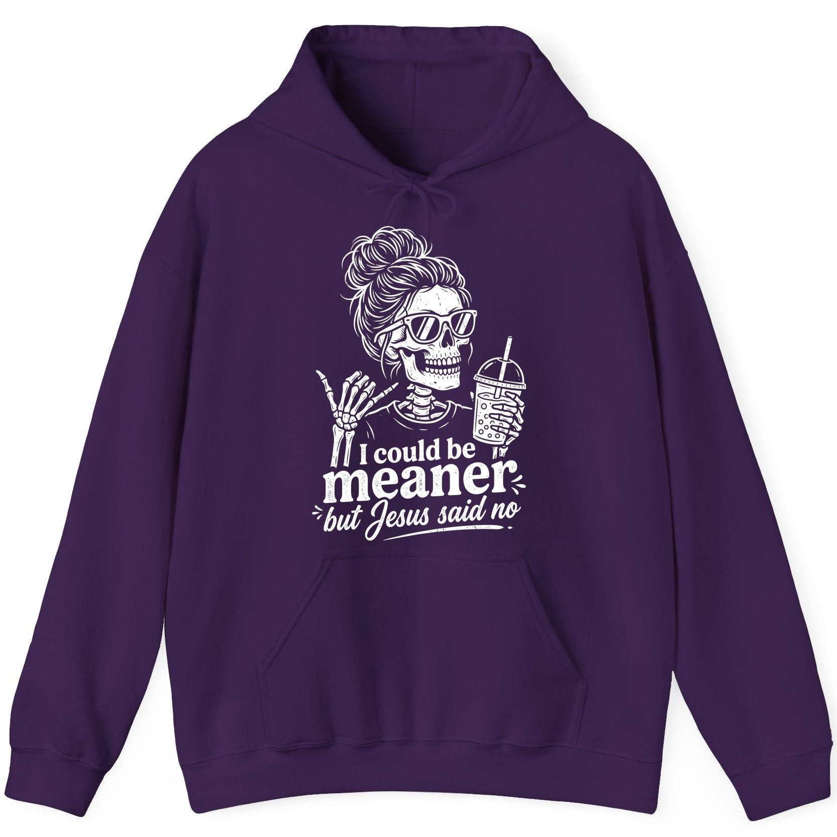 I Could Be Meaner but Jesus Said No Funny Christian Skeleton Hoodie - product mockup - Purple