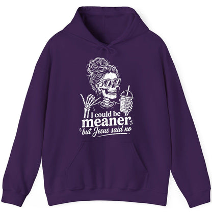 I Could Be Meaner but Jesus Said No Funny Christian Skeleton Hoodie - product mockup - Purple